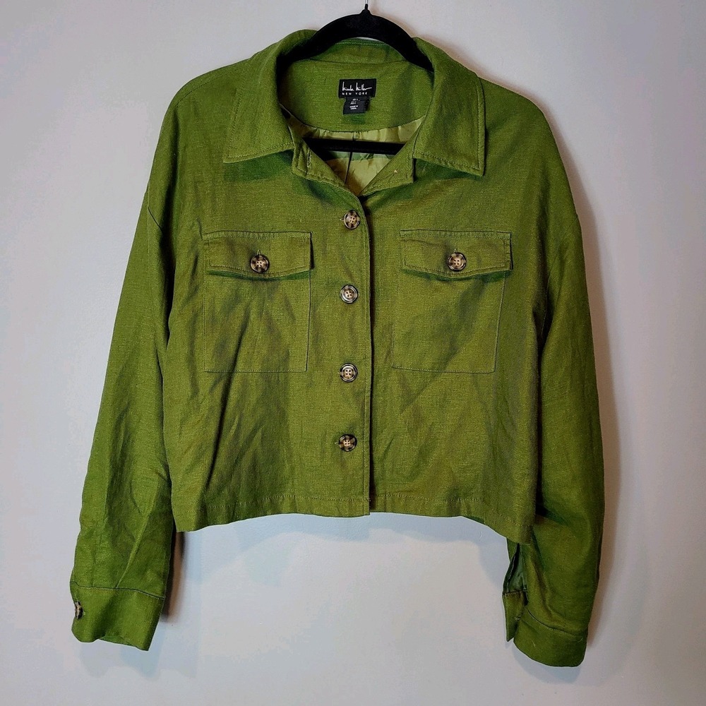 Nicole Miller Feminine Artsy Boho Linen Boxy Jacket Green Long Sleeve Size L